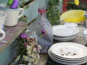 Outdoor sink with dishes